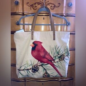 Cottn Curls large canvas Zip Tote Bird Cardinal 19"x16"x3.5" New with tags!